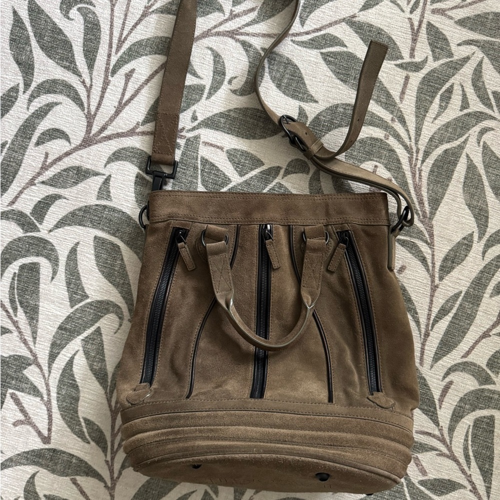 Green Suede Lacoste Shoulder Bag with Black Accents